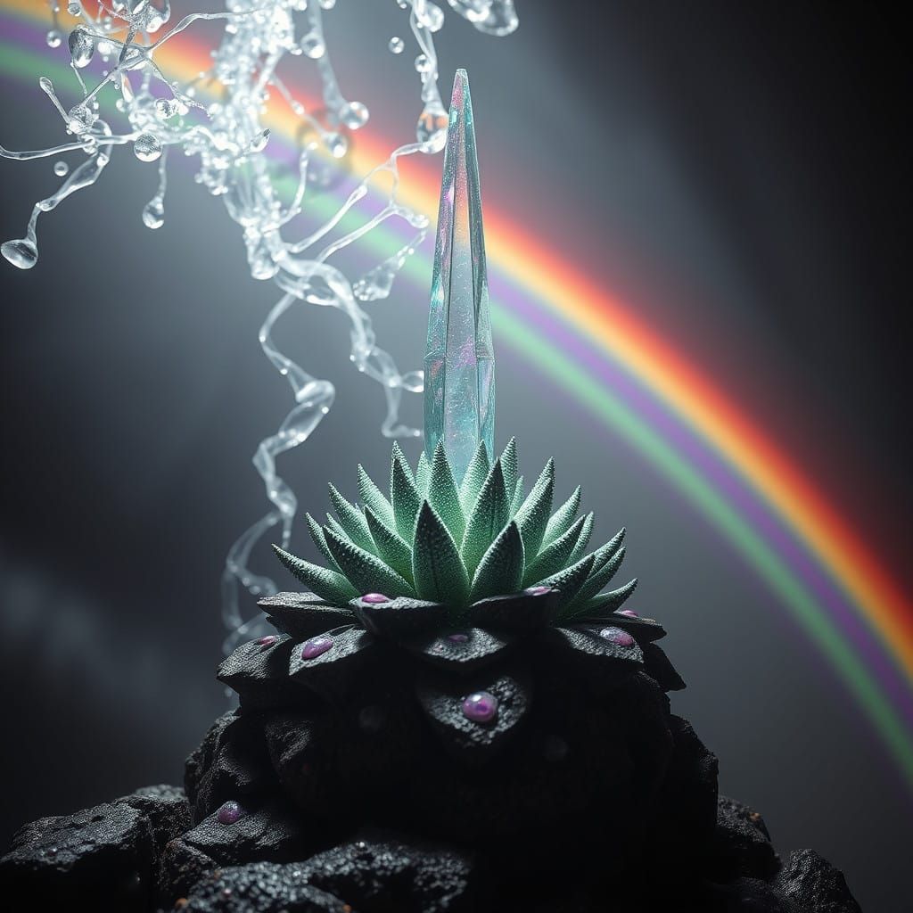 Cyberpunk Apocalyptic Scene with Rainbow Cryo-Crystal