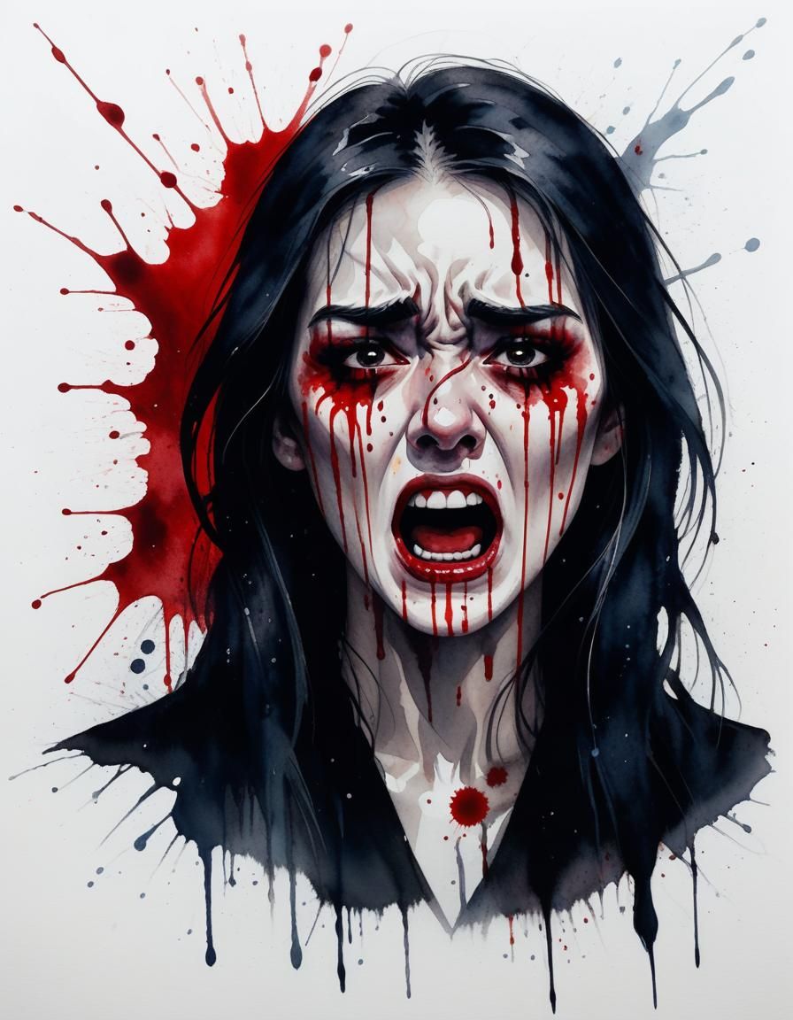 Woman Screaming in Pain: Watercolor Horror Portrait