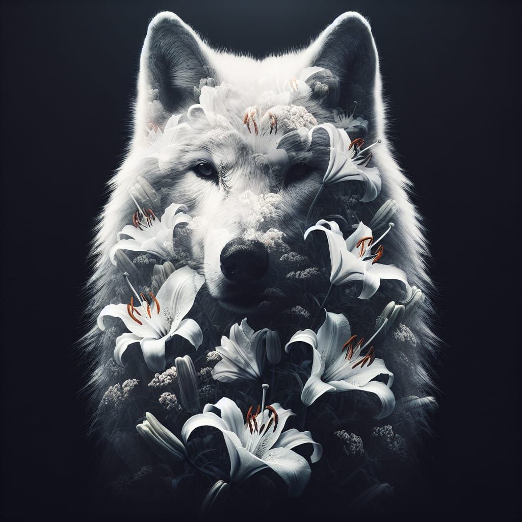 Dramatic  white wolf and lillies