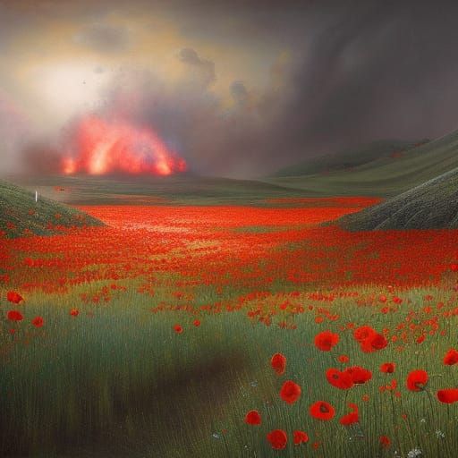 Poppies Bloom in Blasted Crater: Hyperrealistic WWI Aftermat...