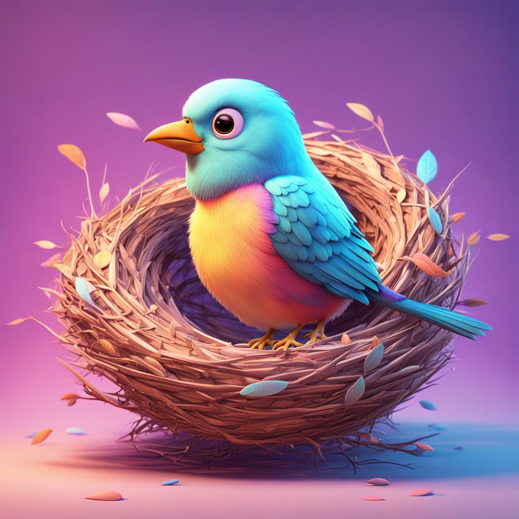 Pastel Bird in Nest: Pixar-Style 3D Art