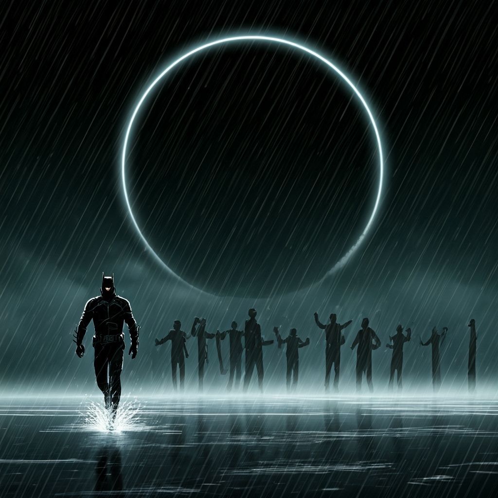 Vigilante Chases Chess Players Under Dark Fantasy Rain