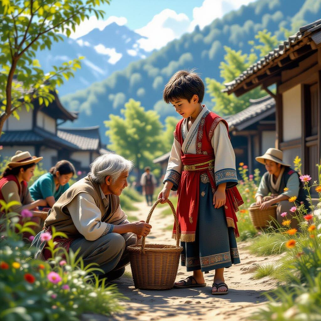 Boy Helps Elderly Villagers in Pastoral Fantasy Scene