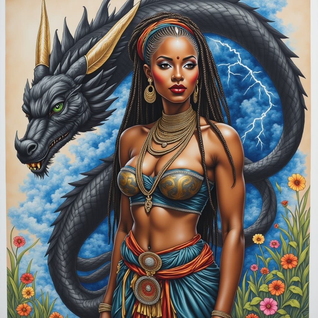 African American Warrior Woman with Dragon in Watercolor