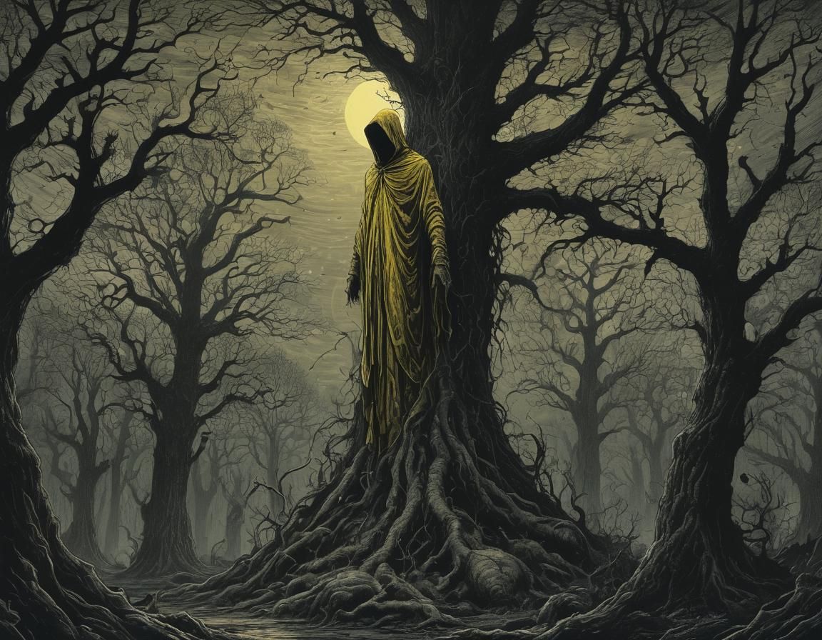 Eerie Hooded Figure on Monolith in Doré Etching Style