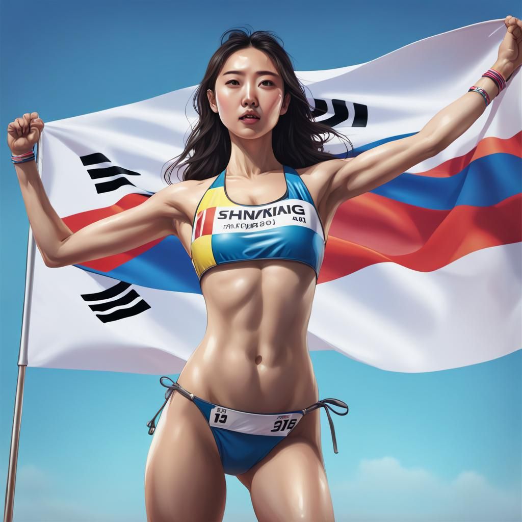 Korean Woman in Racing Bikini with Finish Line Flag