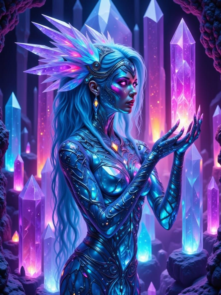 Cyber Shaman Priestess Among Prismatic Crystals
