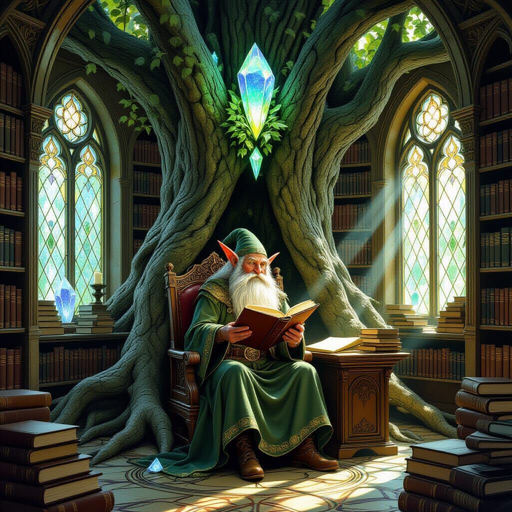 Elven Librarian in Ancient Tree Library, Art Nouveau