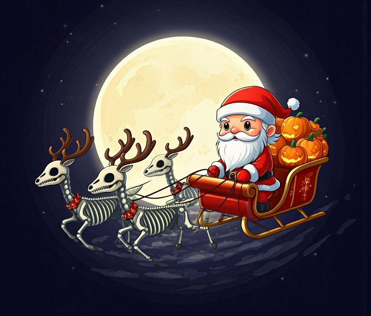 Chibi Santa with Skeleton Reindeer and Jack O Lanterns