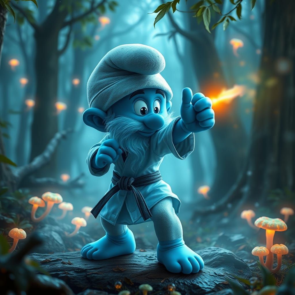 Smurf Karate in Bioluminescent Enchanted Forest