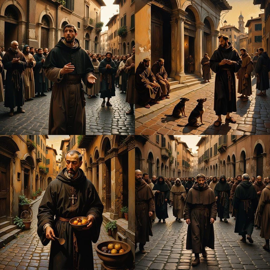 Medieval Saint Francis in Roman Streets Scene