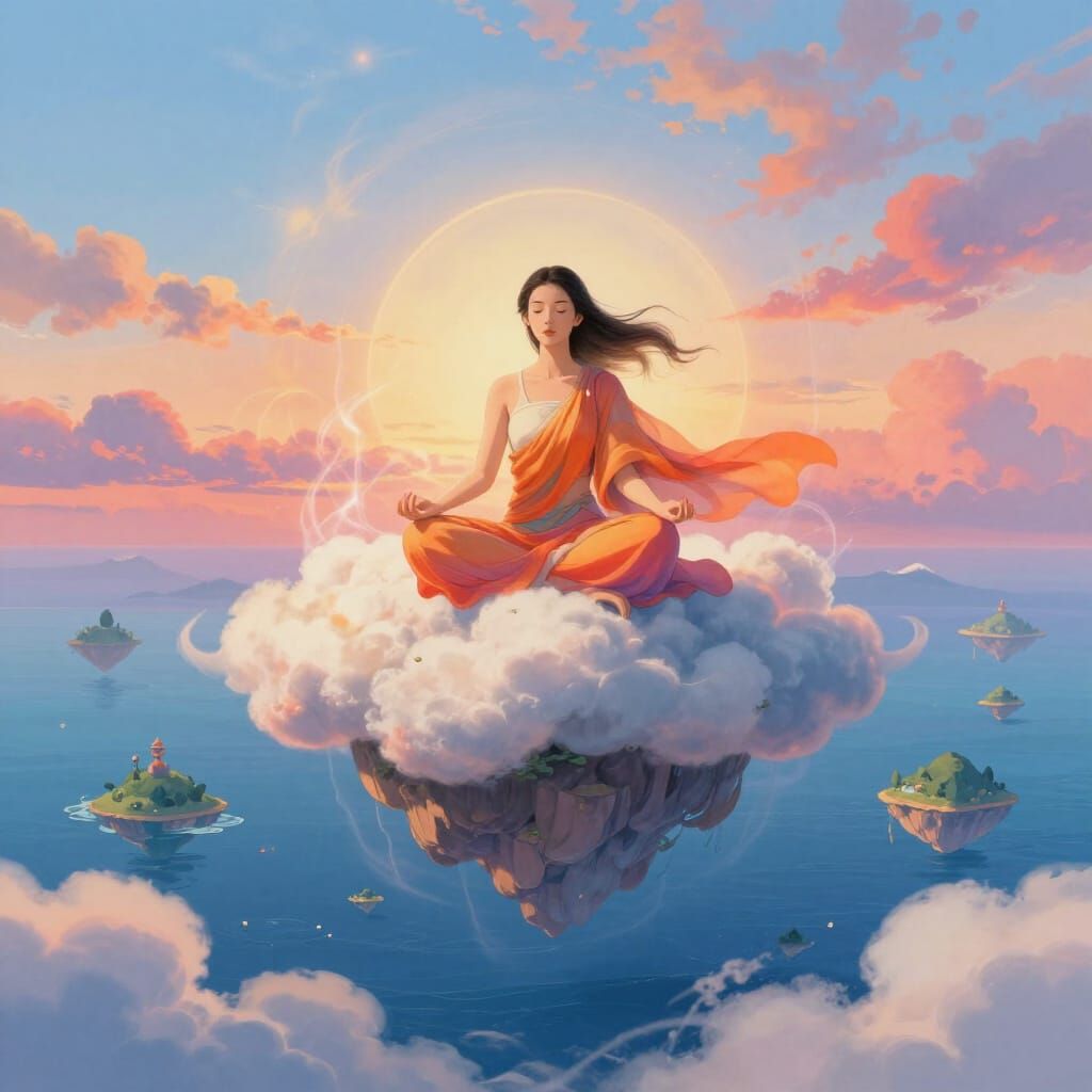 Woman Meditating on Cloud Island at Sunset