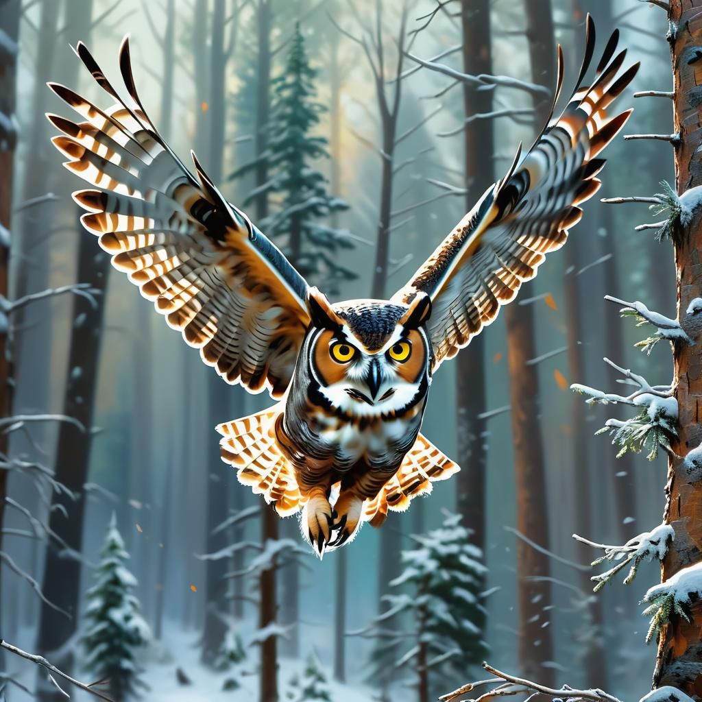 Great Horned Owl Winter Forest Flight