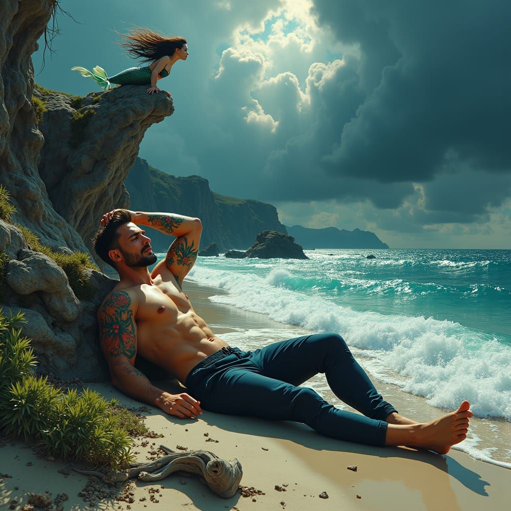Beach Dreamscape: Mermaid's Gaze in Expressionist Style