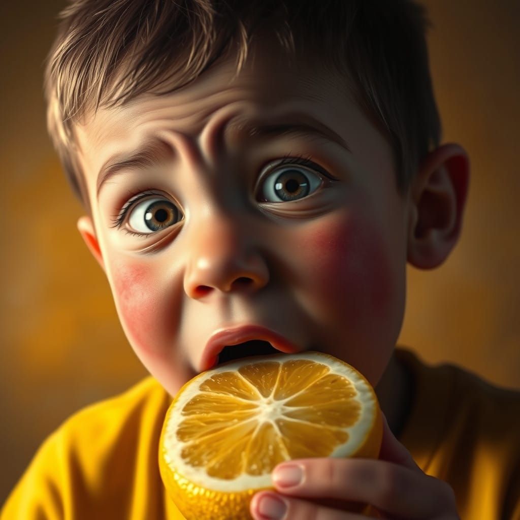 Boy Takes a Big Bite into a Bright Yellow Lemon