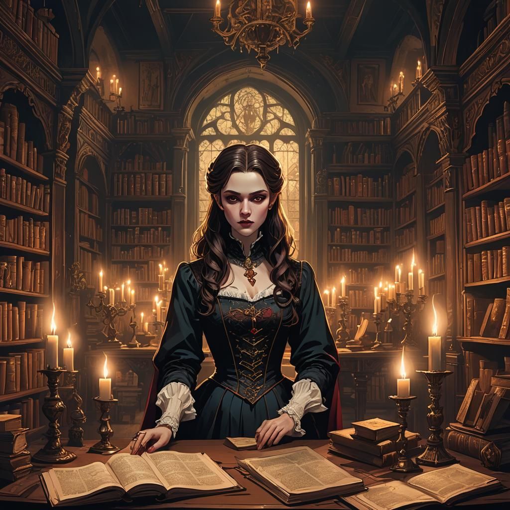 Anime Vampire Tutor in Ornate Study