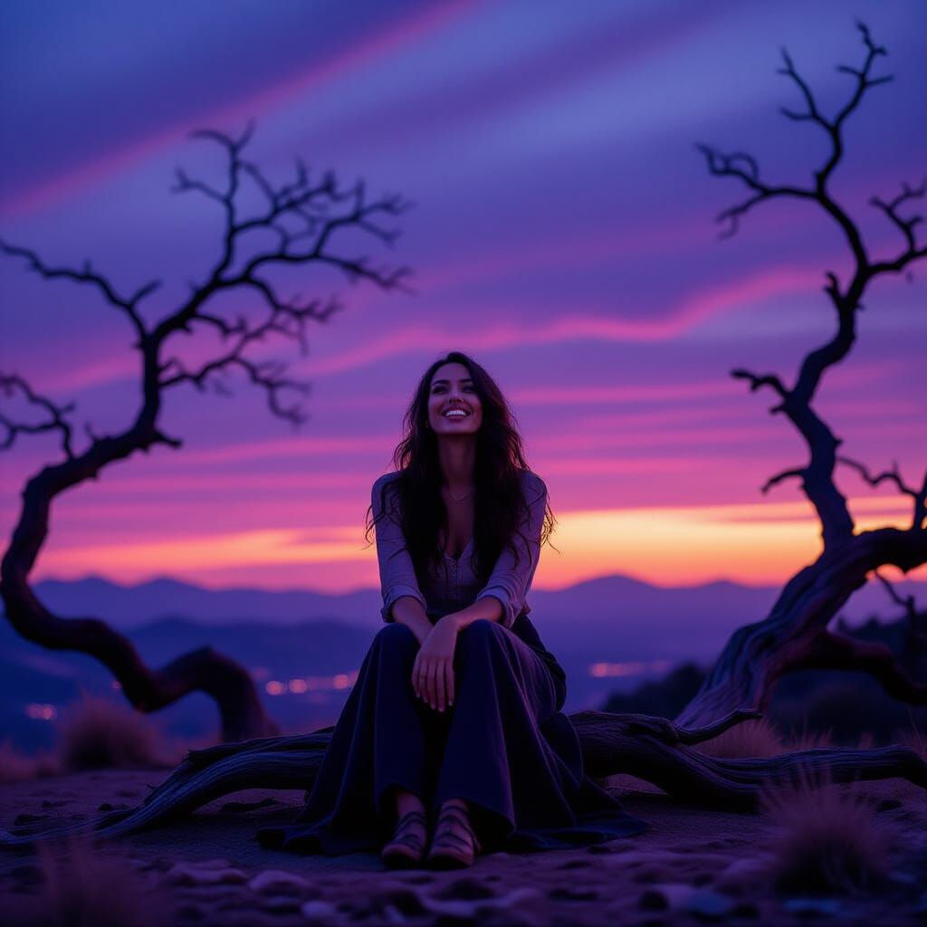 Exuberant Woman on Windswept Plateau at Twilight
