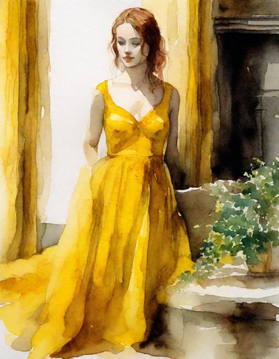 Barbara in Mustard Gown Watercolor Portrait
