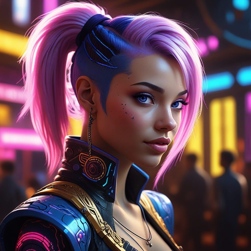 Cyberpunk Dancer Portrait with Neon Glow and Ornate Metalwor...