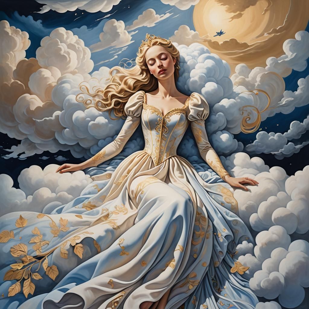 Dreamlike Sleeping Beauty on Clouds, Surrealist Painting