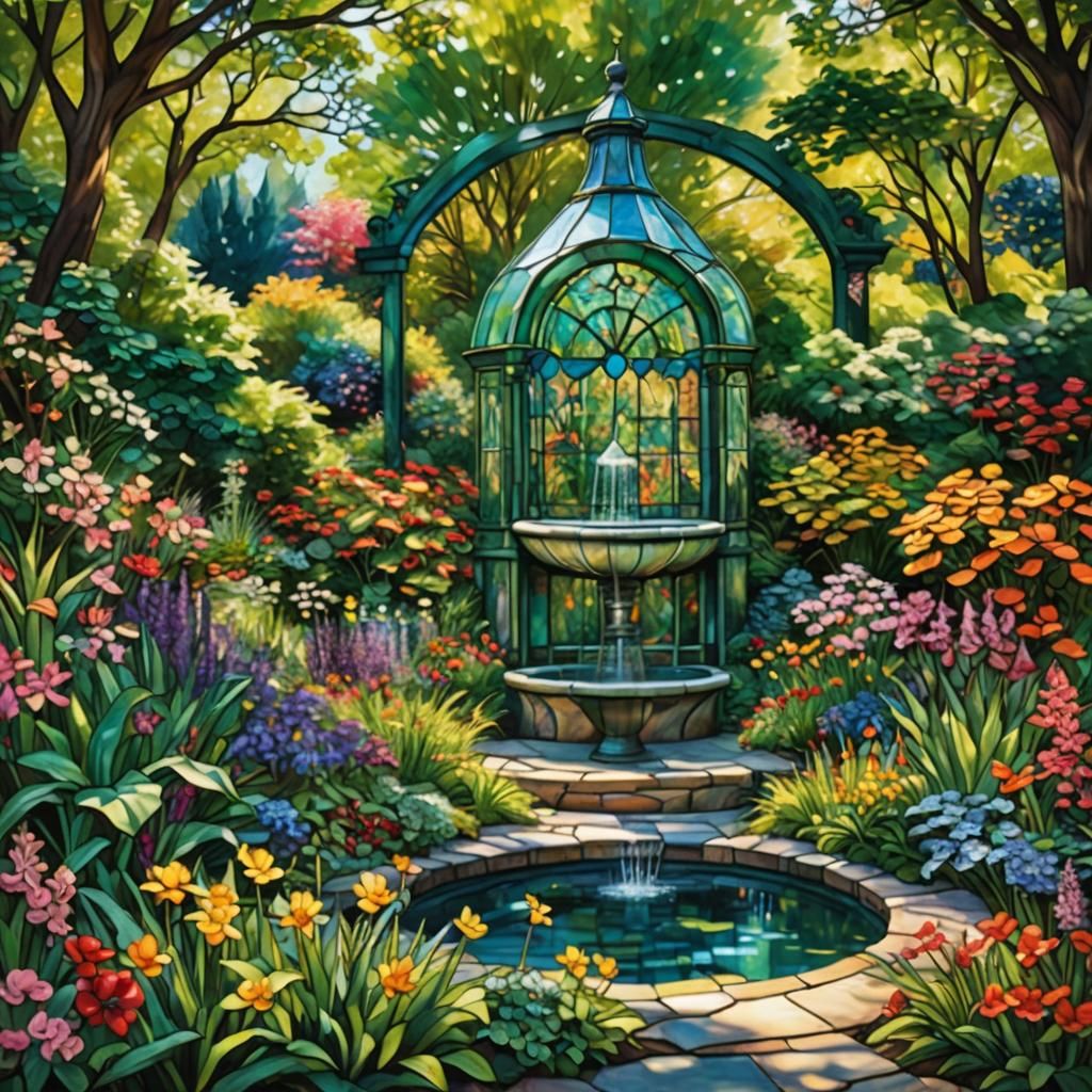 Stained Glass Garden House in Impressionistic Style