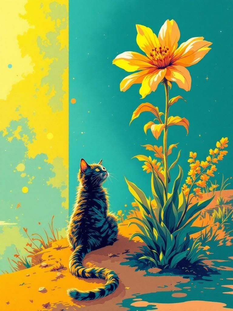 Cat in Dress Under Flower, Comic Art Style