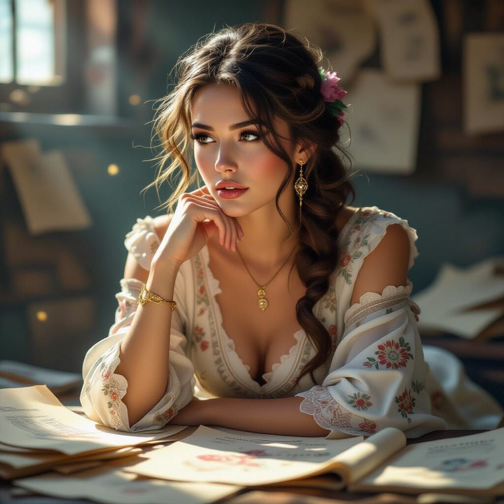 Ethereal Woman Surrounded by Papers, Fantasy Realism