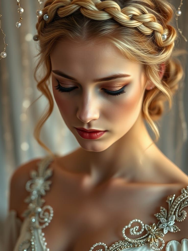 Ethereal Portrait of a Serene Young Woman in Beaded Gown