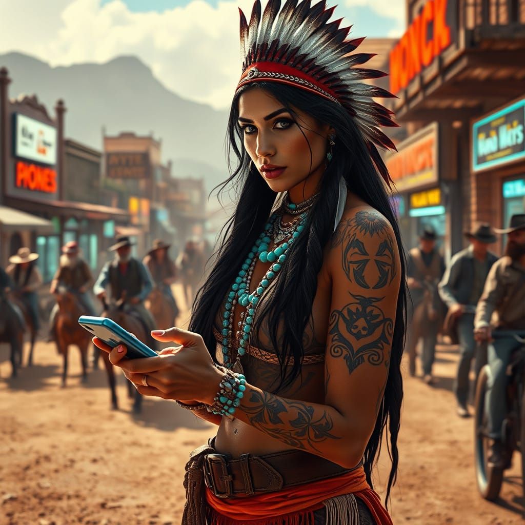 Apache Warrior Embracing Cyberpunk Future in Wild West Town