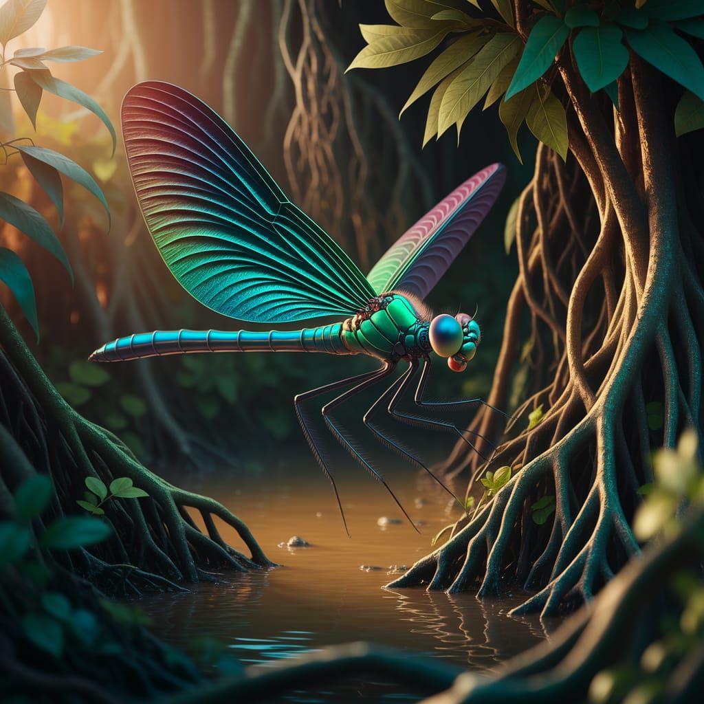 Emerald Dragonfly in Sun-Kissed Tropical Swamp