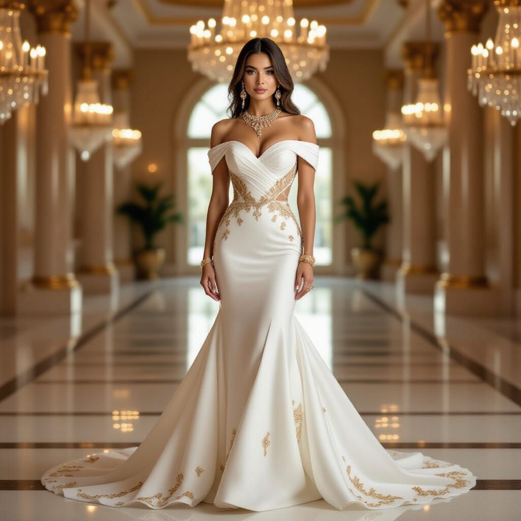 Elegant Persian Woman in Embellished Gown in Palace Hall
