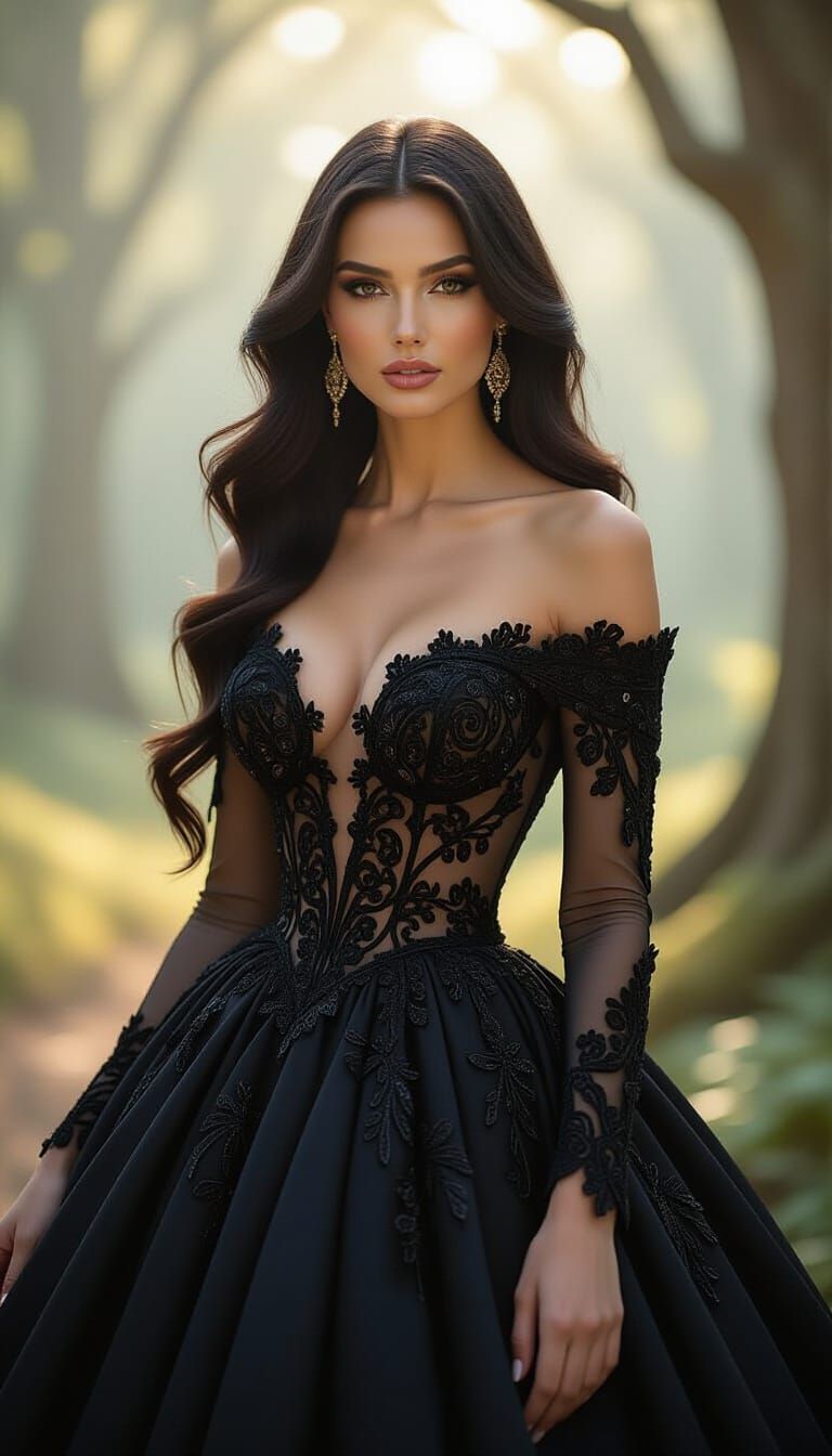 Statuesque Woman in Black Brocade Gown