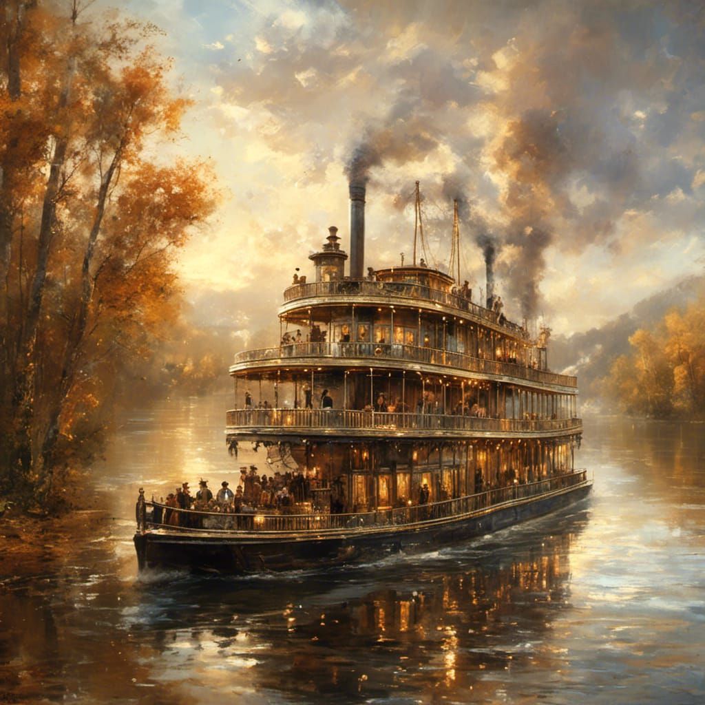 Paddlewheel Steamboat Travels Upriver: Exquisite AI Painting