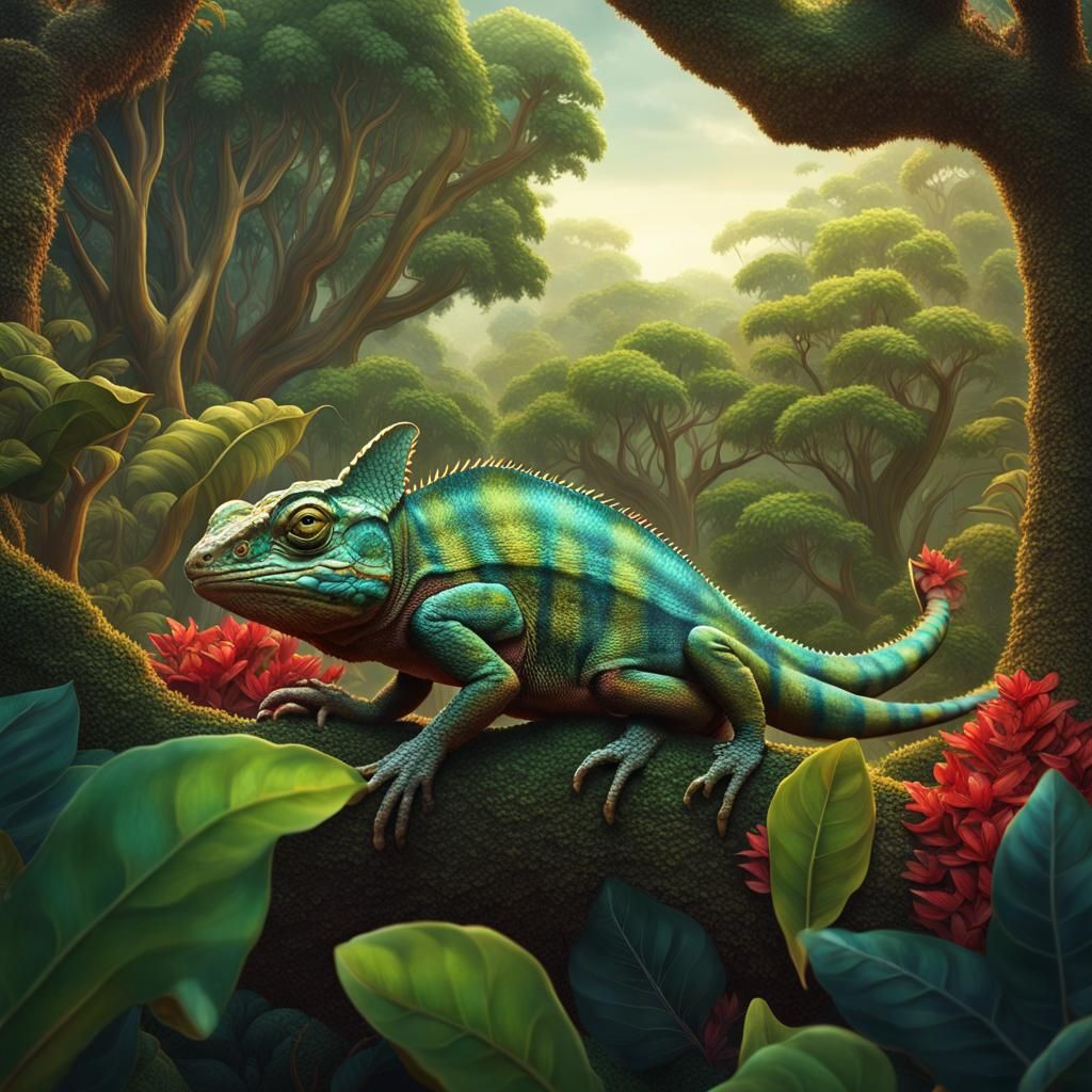 Giant Chameleon in Galapagos: Detailed Matte Painting