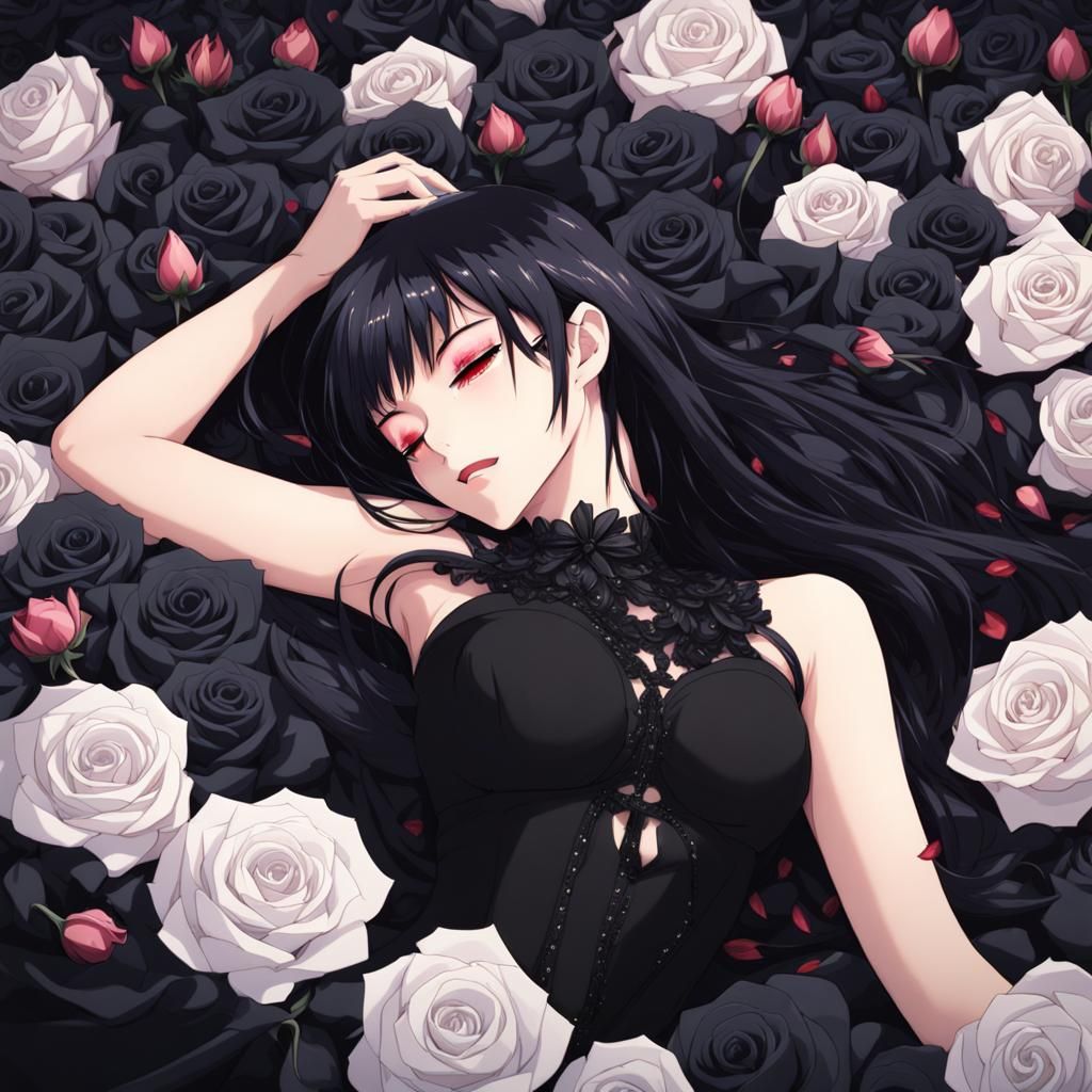 Woman Amongst Black Roses in Anime Style