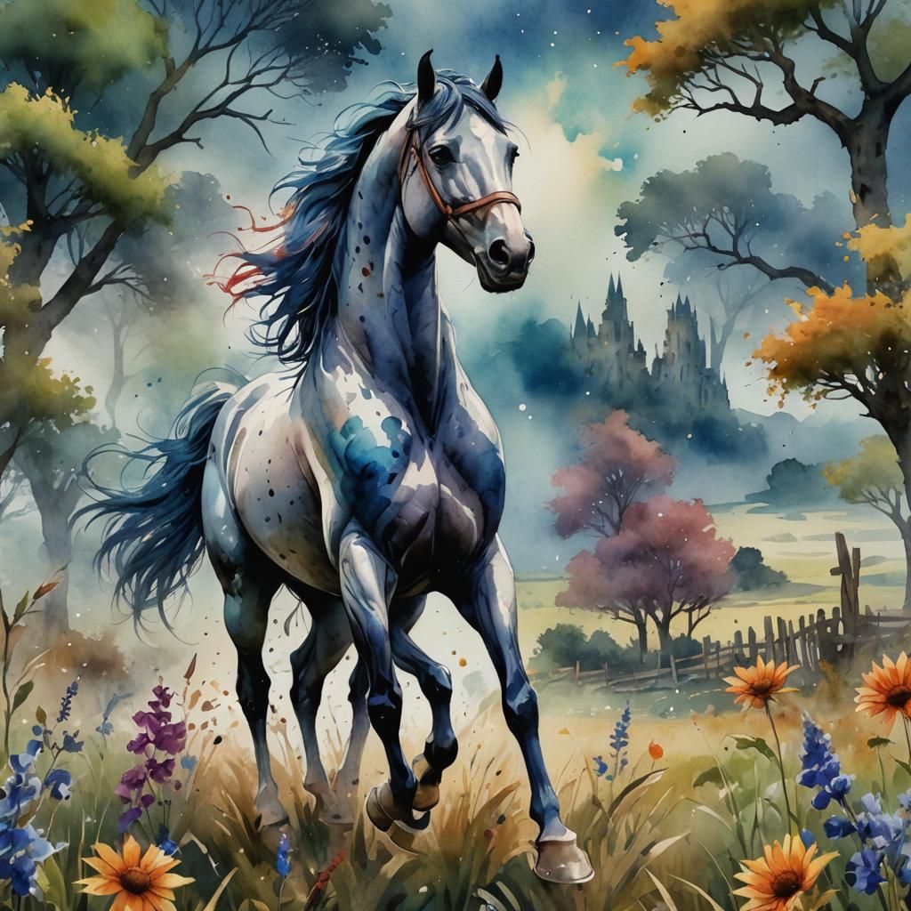 Watercolor Horse Rearing in a Field: Detailed Painting