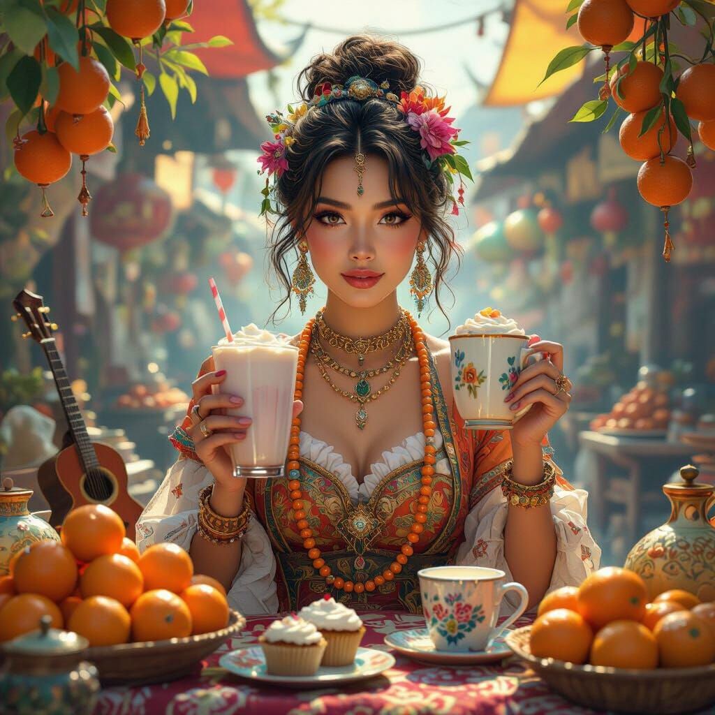 Vibrant Market Vendor Portrait in Fantasy Realism Style