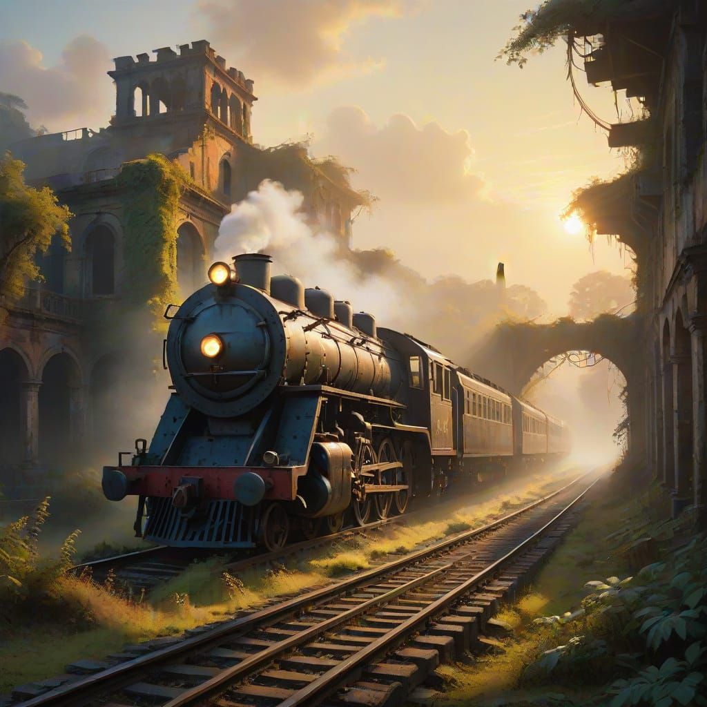 Ethereal Ruins at Sunset: Romantic Landscape Painting