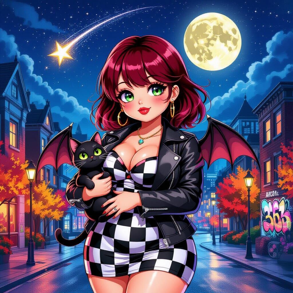 Anime Woman with Crimson Hair and Black Cat in Autumn City