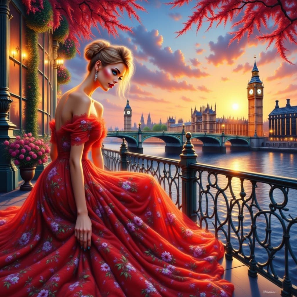 Woman on Thames Terrace at Sunset, Oil Painting