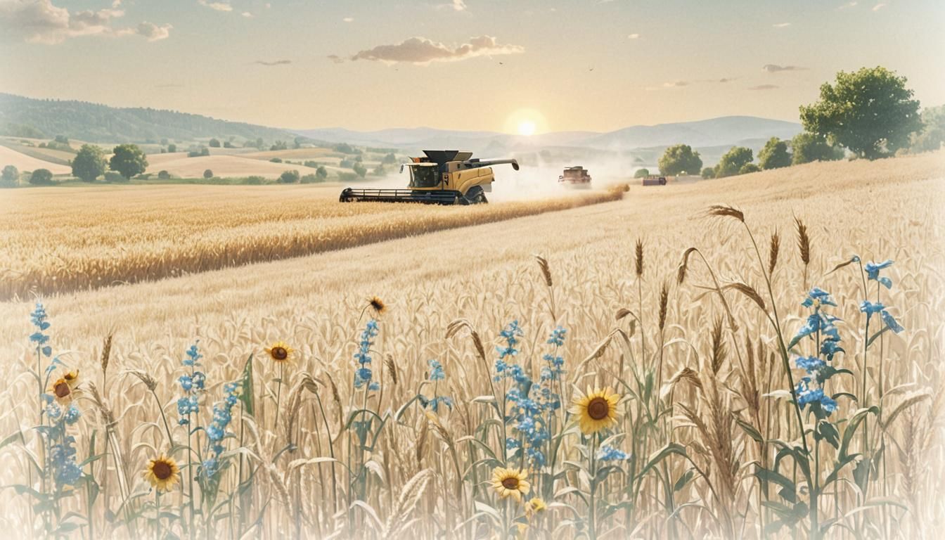 Combine Harvester in Golden Wheat Fields, 3D Render
