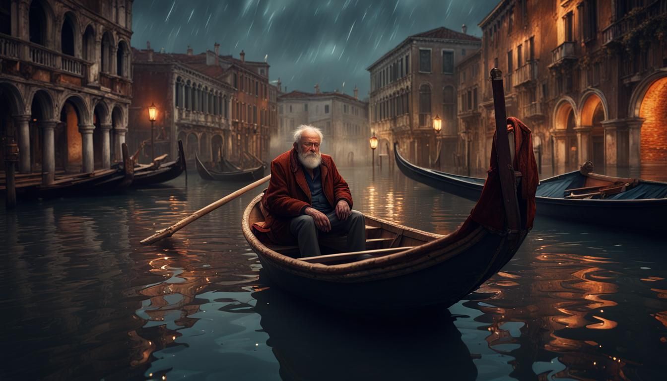 Rainy Venice Night: Old Man's Reflection, Matte Painting