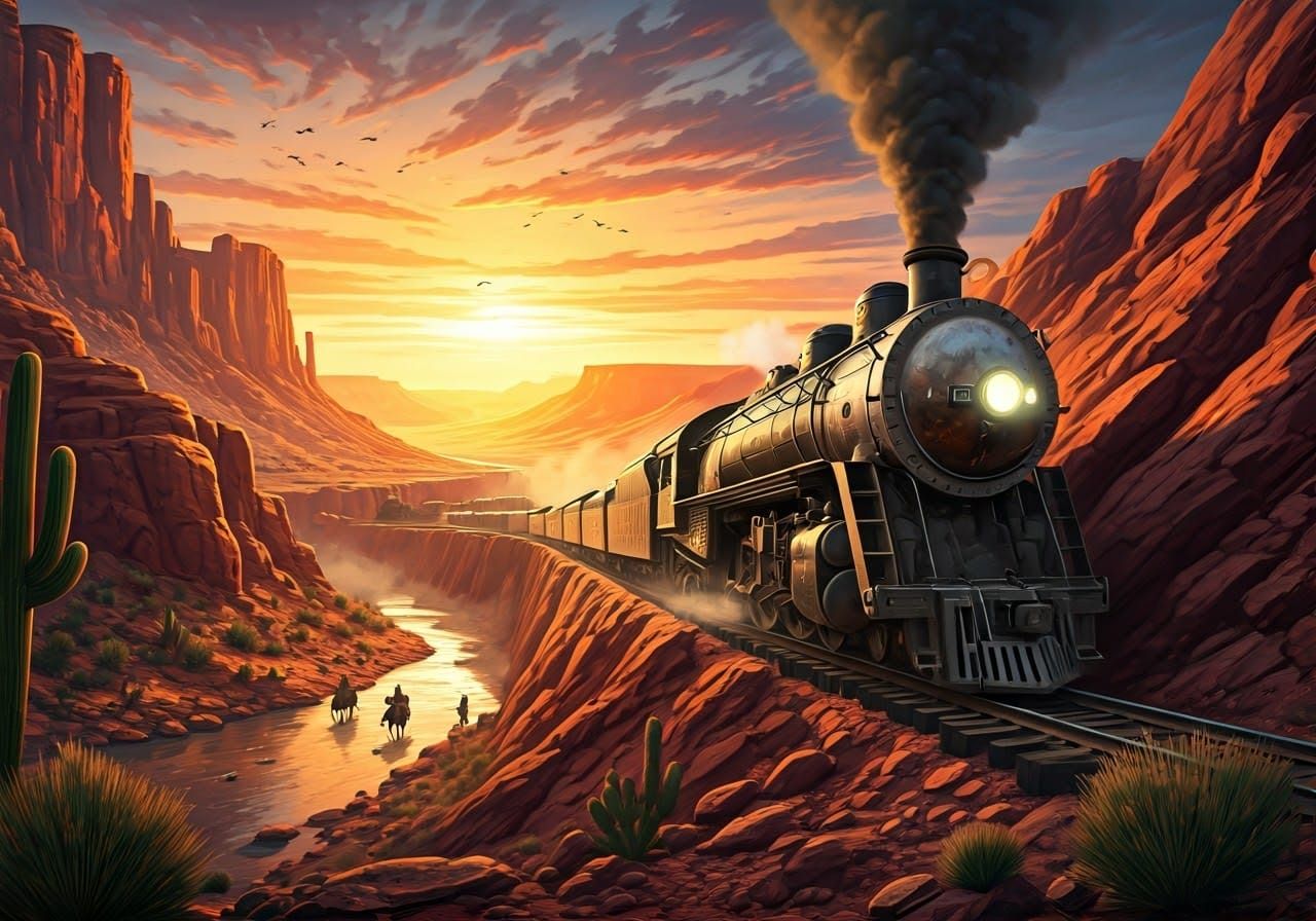 Wild West Canyon at Golden Hour, Steampunk Train and Outlaws