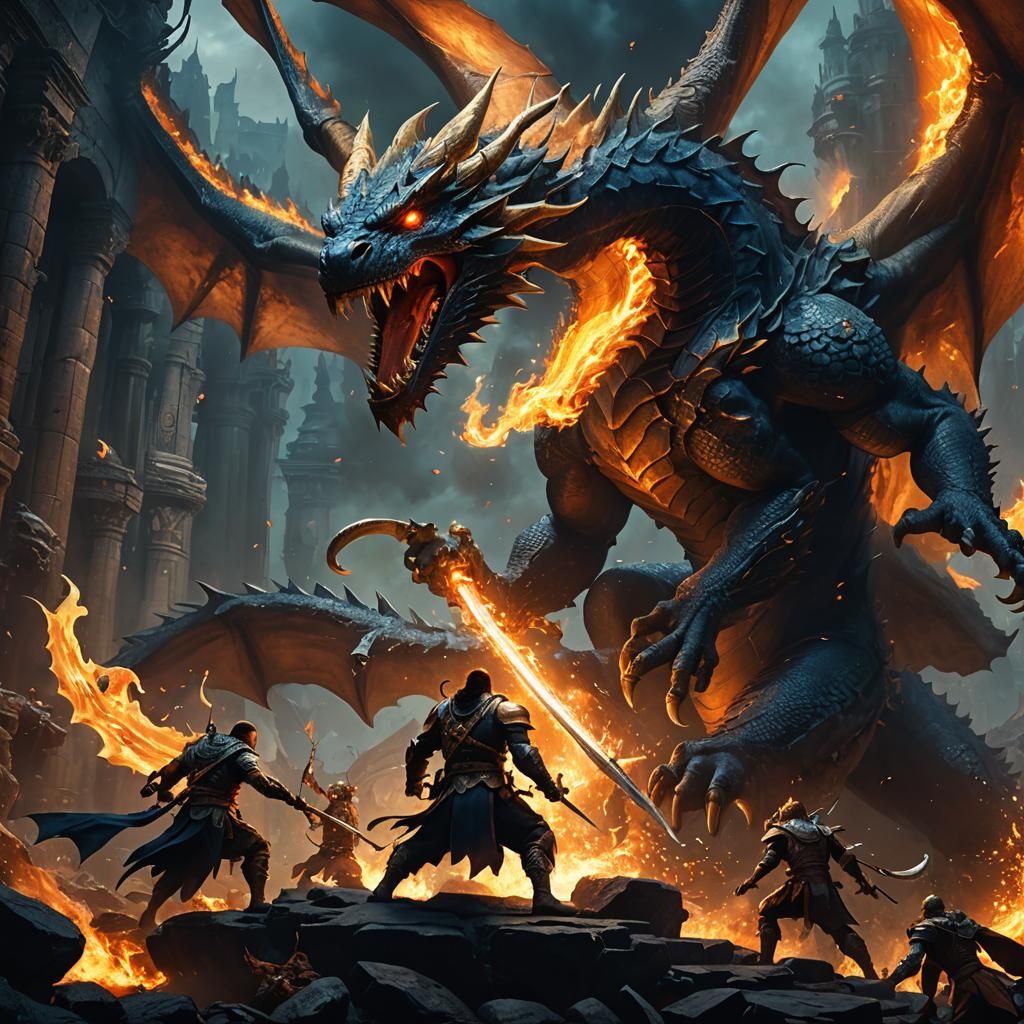 Heroes Fight Dragon in Dark Abyss: Fantasy Art