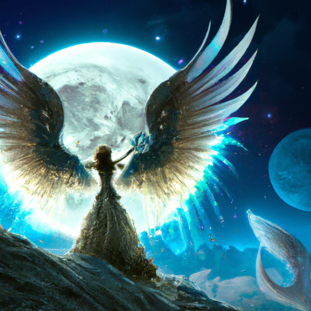 Celestial Angel Wings Under Cosmic Moonlit Sky