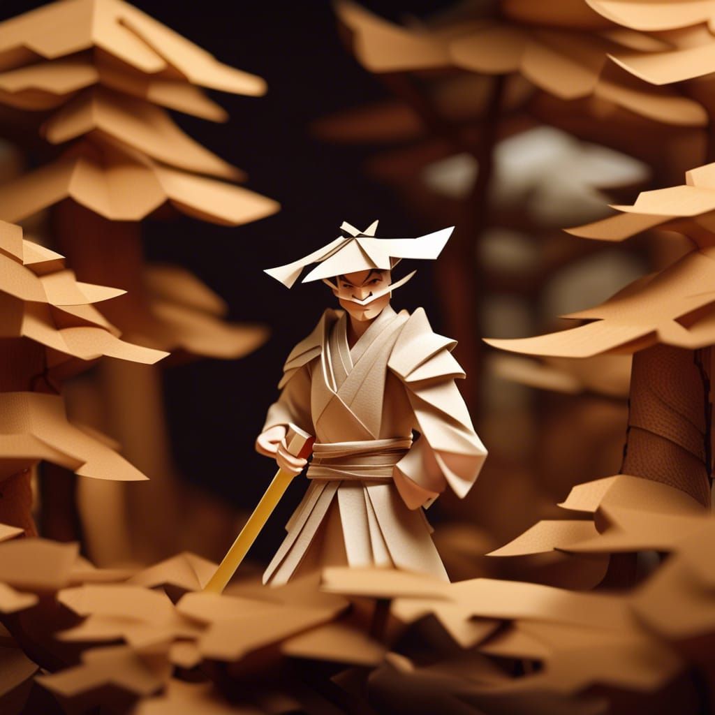 Samurai Swordmaster in Origami Papercraft Forest