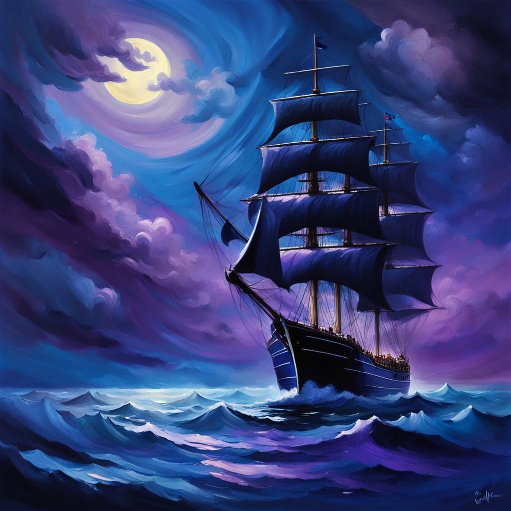 Cobalt Ship Drifts Through Dreamlike Moonlit Sky