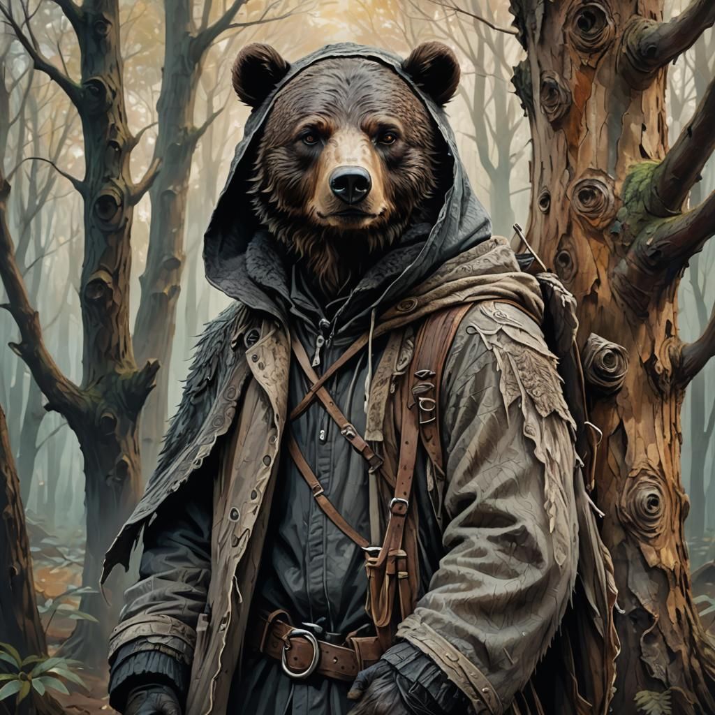 Bear Adventurer in Dark Fantasy Style Illustration