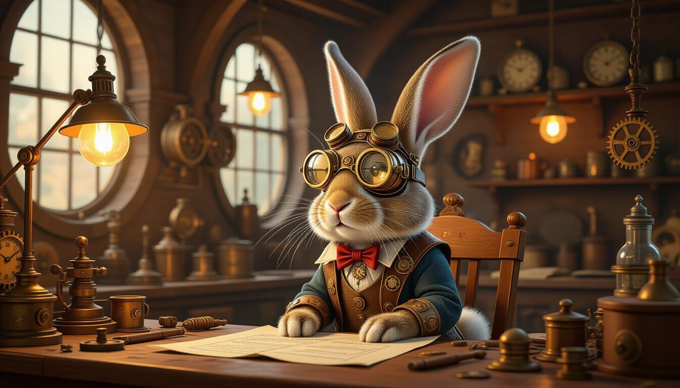 Steampunk Rabbit in Detailed Workshop