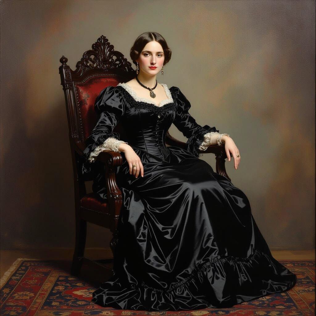 Victorian Woman in Black Satin Dress Seated in Ornate Chair